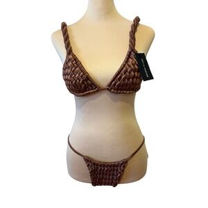 Isa Boulder Weavestring Bikini L/M Soil Brown Woven Satin Triangle Two Piece NEW